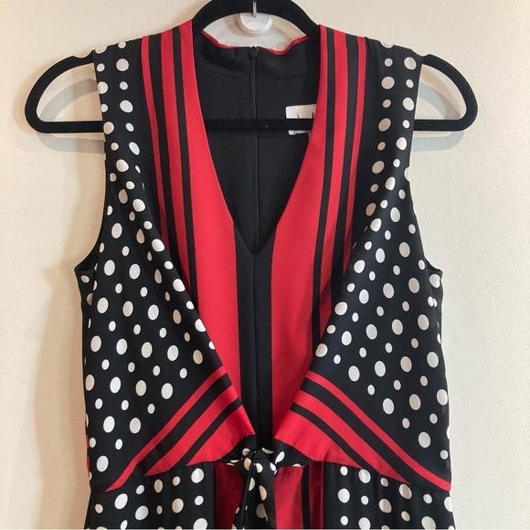 JOSEPH RIBKOFF Sz 10 Polka Dot Red Stripe Square Front Bow Lined Midi Dress - Picture 5 of 13